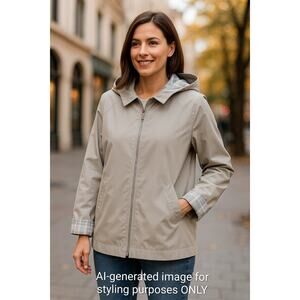 London Fog Women’s Hooded Zip Jacket Lightweight Beige Plaid Lining Vintage Med